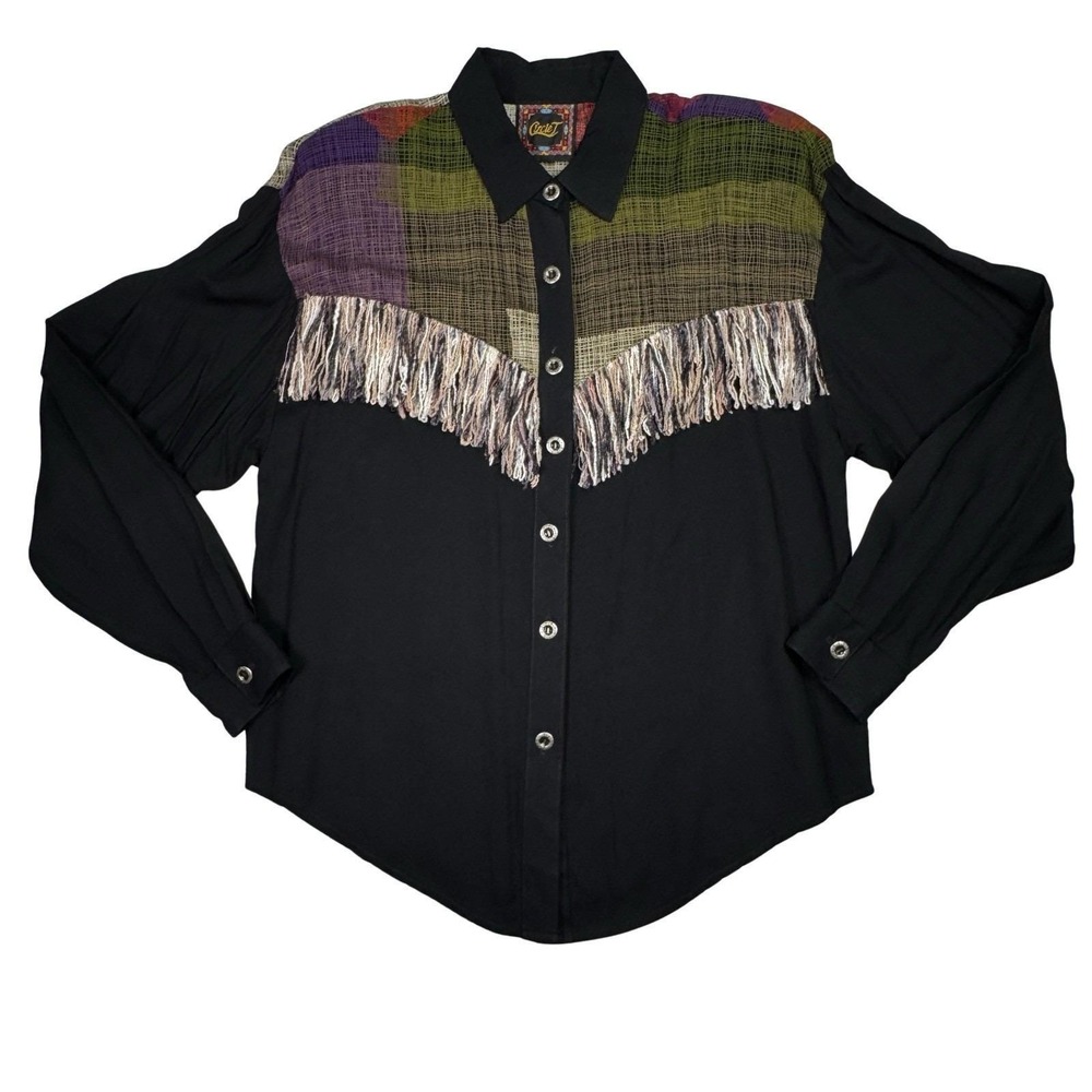 Circle T Western Fringe‎ Shirt M Rayon Black Colorblock Rodeo Vintage USA